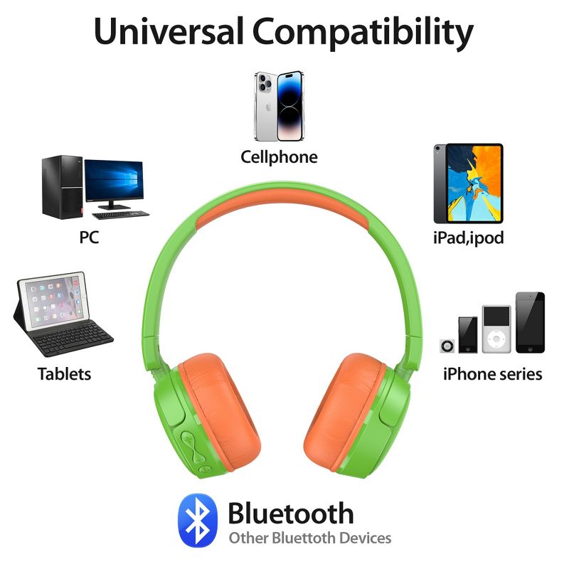 Contixo KB05 Kids Bluetooth Wireless Headphones -Volume Safe Limit 85db -On-The-Ear Adjustable Headset (Green), 2 of 12