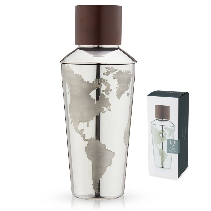 Viski Globe Stainless Steel Cocktail Shaker with Etched Map and Compass - Drink Mixers for Cocktails & Bar Shaker - 32 Oz, Silver, 1 of 11