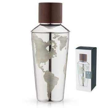 Viski Globe Stainless Steel Cocktail Shaker with Etched Map and Compass - Drink Mixers for Cocktails & Bar Shaker - 32 Oz, Silver