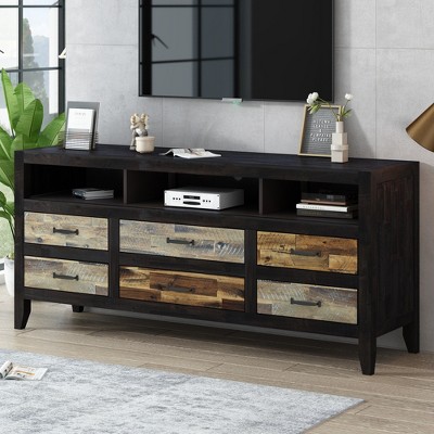 63.8" Retro Distressed TV Stand with 6 Drawers, 3 Shelves and Rustic Finish for Living Room