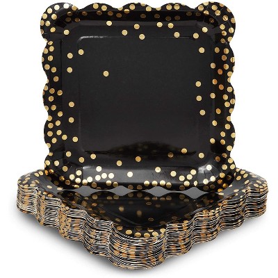 Sparkle and Bash 48-Pack Black Gold Polka Dot Square Disposable Paper Dinner Plates Scalloped Edge, Party Supplies 9"