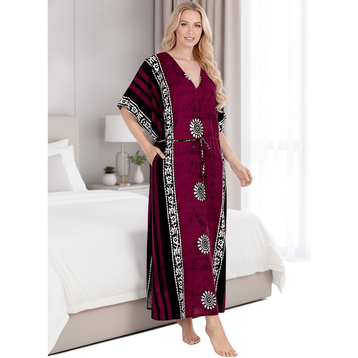 LA LEELA Summer Cotton Women Holiday Caftan Dress Resortwear Vacation Cruise Lounge Wear Flowy Relaxed Silhouette 2X-3X Red Floral - thumbnail 4