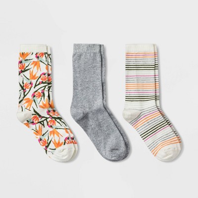 Women's Floral Birds of Paradise 3pk Crew Socks - A New Day™ Cream/Heather Gray 4-10