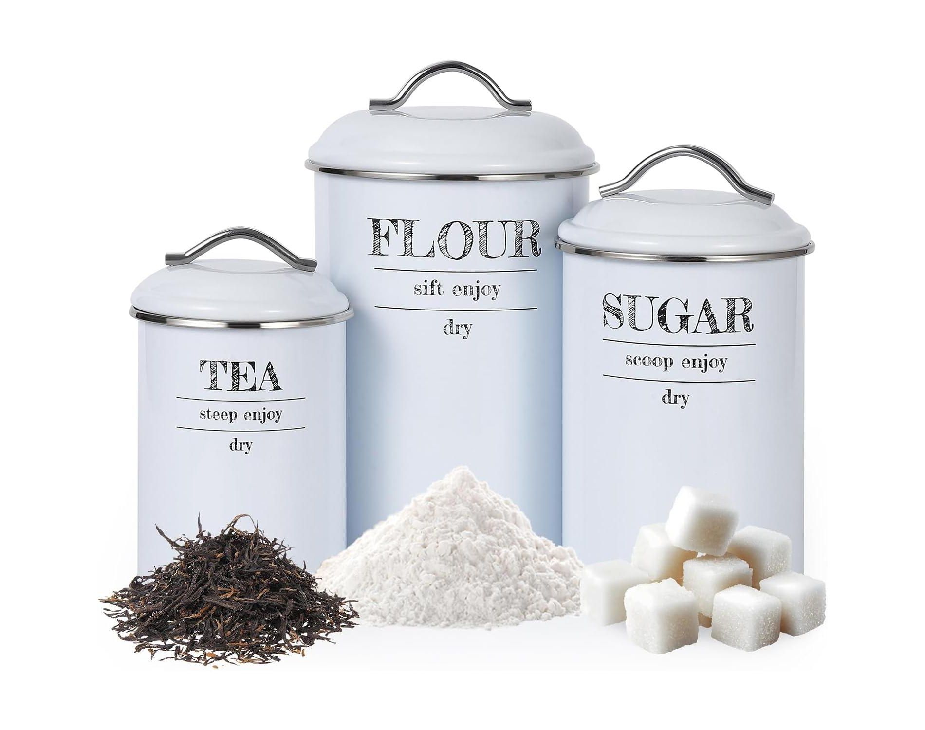 3 Pcs Flour Sugar Tea Canister Set, Vintage Food Sealed Storage Jars with Airtight Lids
