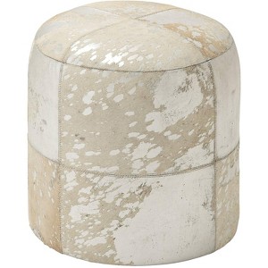 Wilson 17" High Silver and White Leather Round Ottoman - 1 of 2
