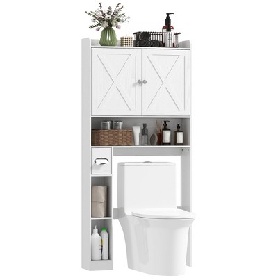 HOMCOM Over the Toilet Storage Cabinet, Farmhouse Above Toilet Bathroom Organizer with Barn Doors, Adjustable Shelf, Toilet Paper Holder