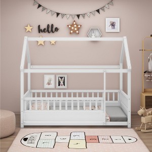 CAVINAS Twin/Full Size Bed Frame with Childlike House Roof,Modern Floor Bed for Kids Room,Bedroom - 1 of 4