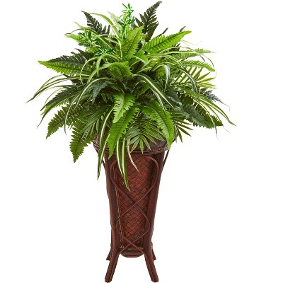 Nearly Natural 32-in Mixed Greens and Fern Artificial Plant in Decorative Stand