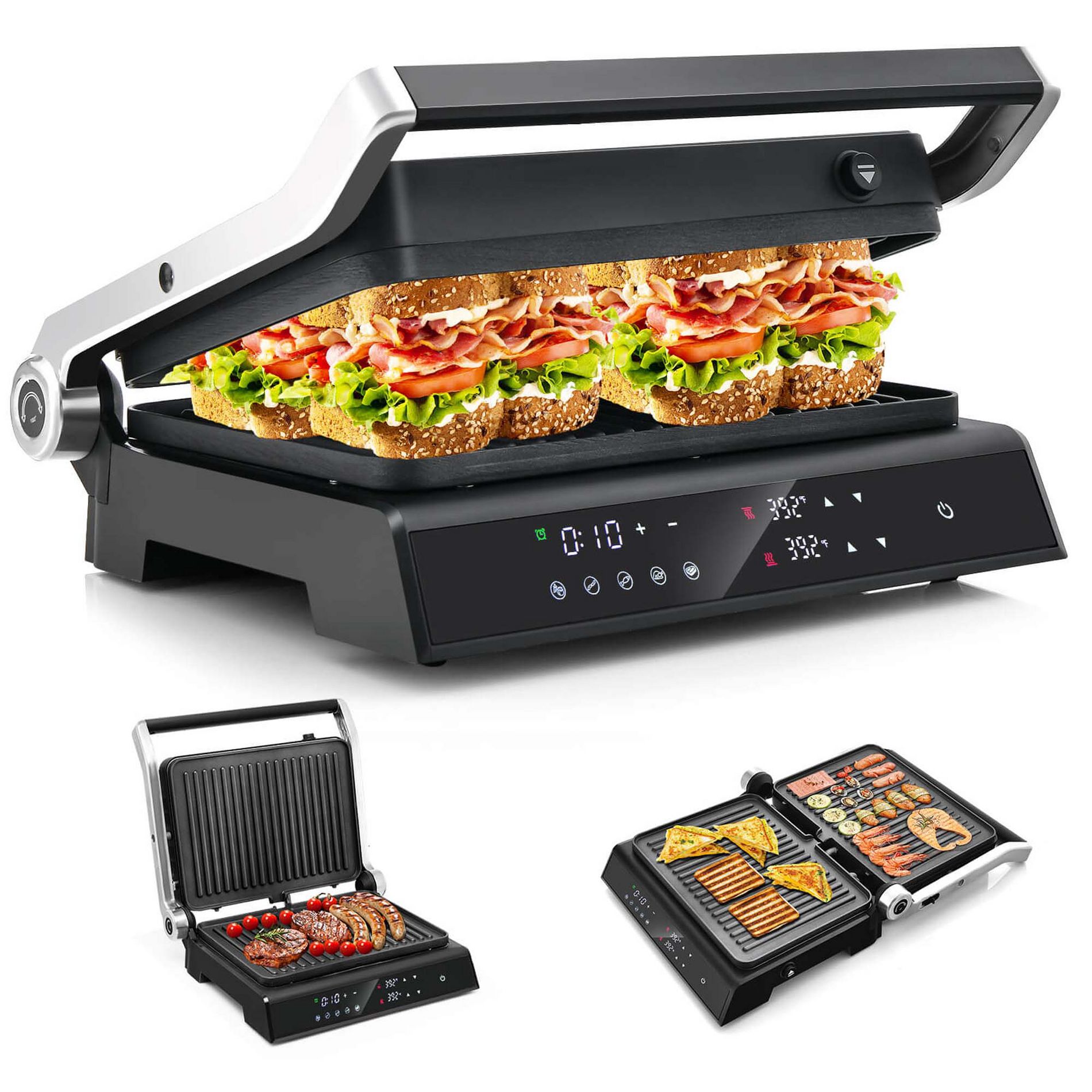 Costway Electric Panini Press Grill Sandwich Maker with LED Display & Removable Drip Tray