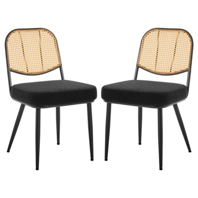 Bekrvio Rattan Dining Chairs Set of 2 - Mid Century Modern Boucle Upholstered Cane Back Side Chairs with Metal Legs for Kitchen,Black