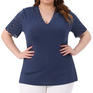 Women's Plus Size Summer V Neck Short Sleeve Elegant Lace Ribbed Knit Tunic Blouse - Agnes Orinda - 1 of 4
