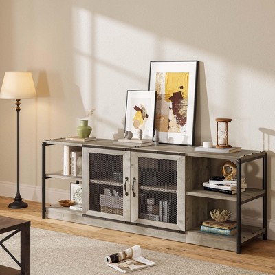 Homhougo Farmhouse TV Stand for 75/80 inches TVs, Entertainment Center with Storage Cabinet and Mesh Doors Gray