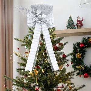 Christmas Tree Topper Hat with Bow, Glitter Top Hat Ornament with Pre-Tied Wired Bows, Winter Holidays Xmas Decor - 1 of 4