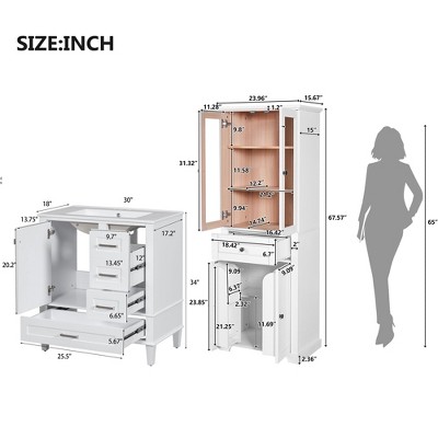 Dimension diagram of bathroom cabinet with silhouette for scale