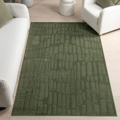 Forest Green Abstract Synthetic Washable Rectangular Rug, 2' x 3'