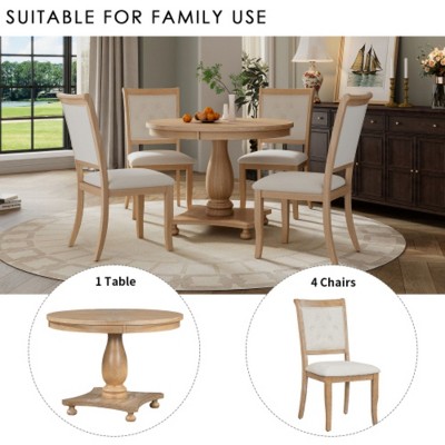 5-Piece Retro Dining Ensemble, Round Table with Pedestal Base and 4 Cushioned Chairs, Suitable for Dining Rooms and Kitchens