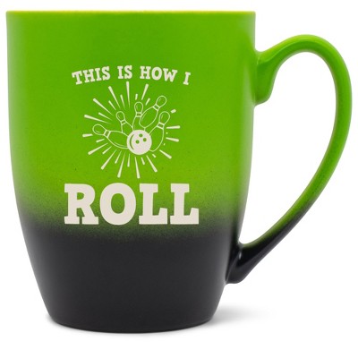 100 North Bowling Pin Design 10 Ounce Green and Black Two Toned Ombre, Comfortably Fits Your Hands, Ceramic Tea Coffee Cup Mug, This Is How I Roll