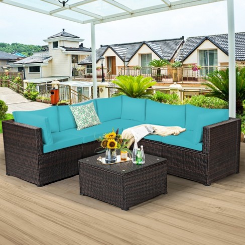 Outdoor 6 Piece Patio Set PE Wicker Rattan Dining Table Sectional Sofa Set with Cushions and Tempered Glass Tea Table - Blue/Brown Frame