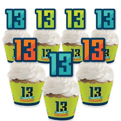 Big Dot of Happiness Boy 13th Birthday - Cupcake Decoration - Official Teenager Birthday Party Cupcake Wrappers and Treat Picks Kit - Set of 24