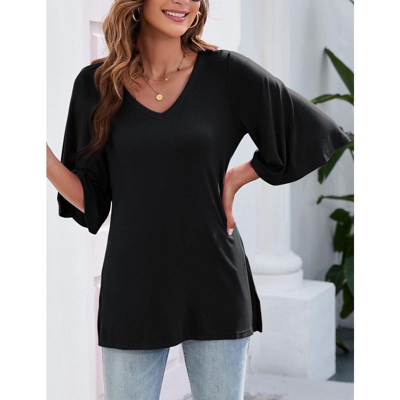Whizmax Women's 3/4 Bell Sleeve Shirt Loose Fit V Neck Blouse Cute Tops, 4 of 7