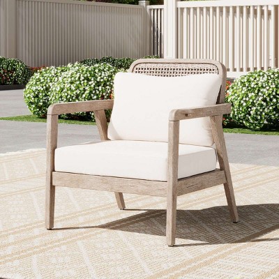 Modern Acacia Wood Club Chairs,Cream Fabric Cushion Patio Club Chair,Double Sided Woven Backrest Solid Acacia Wood Garden Chair-Coolbibila