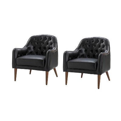 Set of 2 Justo 28.5" Wide Tufted Genuine Leather Wood Legs Accent Barrel Chair for Living Room with solid wood legs | ARTFUL LIVING DESIGN