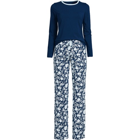 Lands' End Women's Knit Pajama Set Long Sleeve T-shirt And Pants - X Large  - Deep Sea Navy Classic Floral : Target