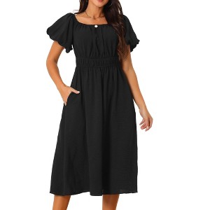 Seta T Women's Square Neck Puff Short Sleeve Elastic Waist Midi Dress with Pockets - 1 of 4