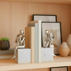 Sculptural Metal Sitting Figurine on Marble Base Bookend - Bookends for Bookshelf Decor, Book Accessories, and Entryway - Set of 2, 7", Silver & White - 1 of 4
