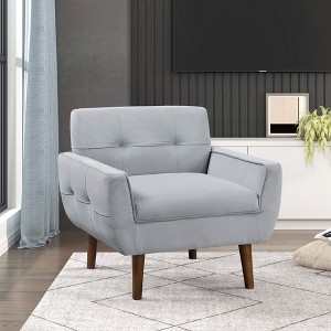 Velvet Upholstery Solid Wood Tufted Contemporary Accent Chair with Foam Cushions, Attached Cushions and Dark Brown Legs - 1 of 4