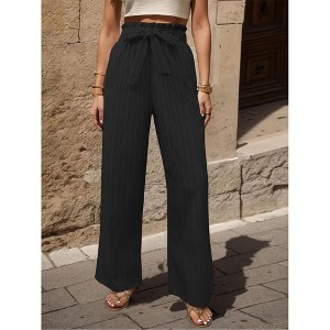 Coolmee Women Casual Wide Leg Pants High Waisted Elastic Tie Knot Stripe Boho Beach Trousers with Pockets - 1 of 4