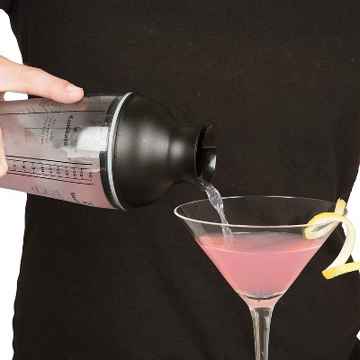 Kuissential Recipe Cocktail Shaker 16oz with Jigger, Strainer 6 Printed Mixed Drink Recipe Measurements on the Bottle