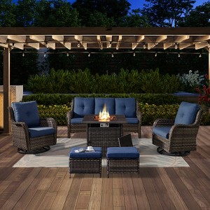 POCASSY 6 Piece Patio Furniture Set with Fire Pit, All Weather Wicker Rattan Patio Sofa Couch Set with Swivel Patio Chair and 50000BTU Square Fire Pit - 1 of 4
