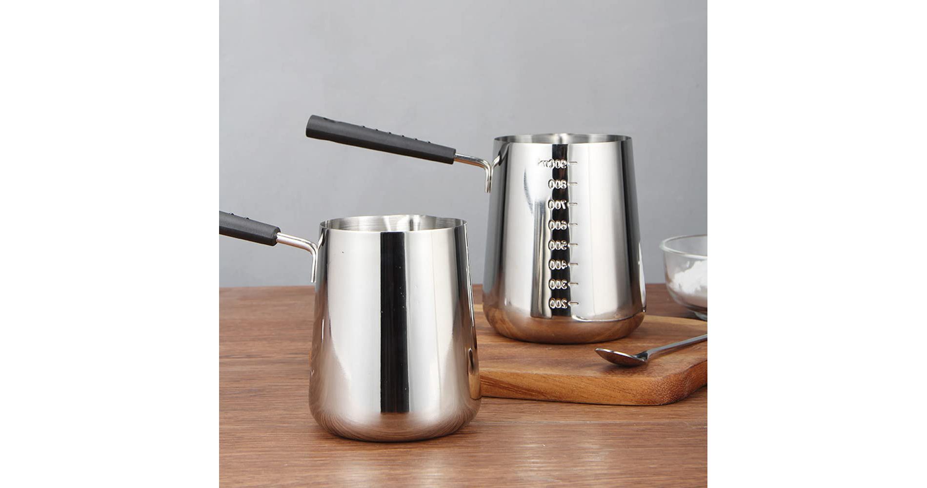 Stainless Steel Milk Pan, Butter Warmer - 1000ml with Pouring Spout, Chocolate Melting Pot, Milk Frothing Pitcher, Lengthened Heat-Insulated Handle