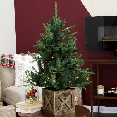 3-Foot Green Fir Tabletop Christmas Tree with White LED Lights and Faux Wooden Crate Base