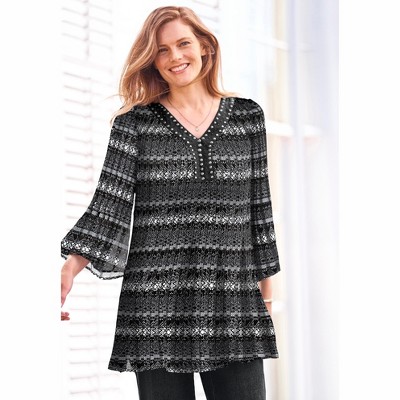 Navy Floral Border Plus Size V-Neck Bell Sleeve Blouse