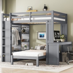 Sapphtopaz Wood Bunk Bed with Dismountable Lower Bed&Desk Versatile Bed Frame with Built-in Shelves&Wardrobe, Loft Bed for Teens - 1 of 4