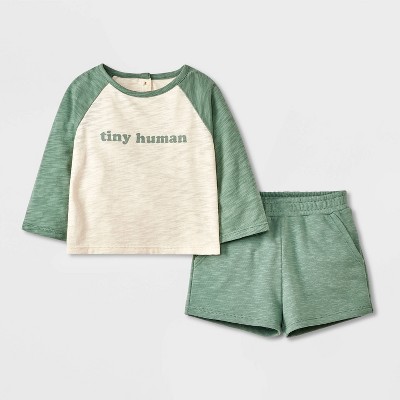 Baby 'Tiny Human' French Terry T-Shirt & Shorts Set - Cloud Island™ Green 18M