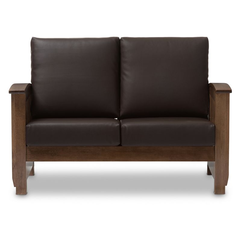 Charlotte Modern Classic Mission Style Faux Leather 2 Seater Loveseat Dark Brown/Walnut Brown - Baxton Studio, 3 of 5