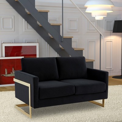 Midnight Black Velvet Loveseat with Gold Metal Frame