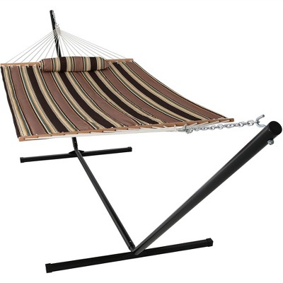 Sunnydaze Outdoor 2-Person Double Polyester Quilted Spreader Bar Hammock with 15ft Black Steel Stand - Sandy Beach