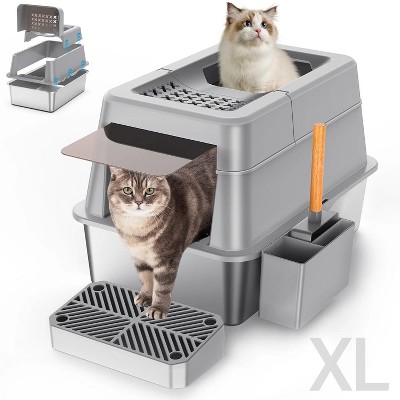LunaLulinlk Gray stainless steel high-sided cat litter box with tray, scoop, storage box, and filter pedal
