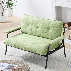 Lyngins Modern 2-Seat Sofa with Black Metal Frame, Green Striped Fabric Loveseat with Button Tufted Backrest, Couch for Living Room & Home Offices - 1 of 4