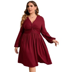 Clearlove Plus Size Dresses for Women V Neck Long Sleeve Twist Knot Front Flowy Dresses - 1 of 4