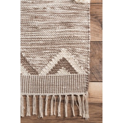 Handmade Beige Wool Shag Rug with Geometric Braided Tassels, 4' x 6'