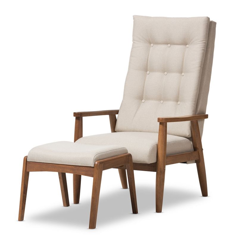 Roxy Mid - Century Modern Wood Finish - Back Lounge Chair and Ottoman Set - Light Beige, "Walnut" Brown - Baxton Studio, 1 of 7