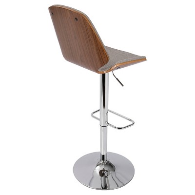 Walnut and Grey Adjustable Swivel Bar Stool with Metal Base