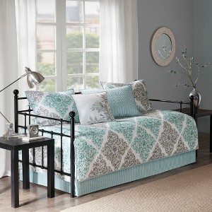 6pc Aqua Arbor Daybed Cover Set 75"x39": Madison Park, Microfiber Embroidered, Includes Shams & Pillow - 1 of 4