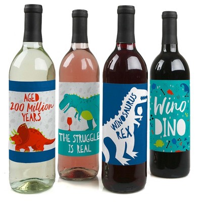 Big Dot of Happiness Roar Dinosaur - Dino Mite T-Rex Party Decorations for Women and Men - Wine Bottle Label Stickers - Set of 4