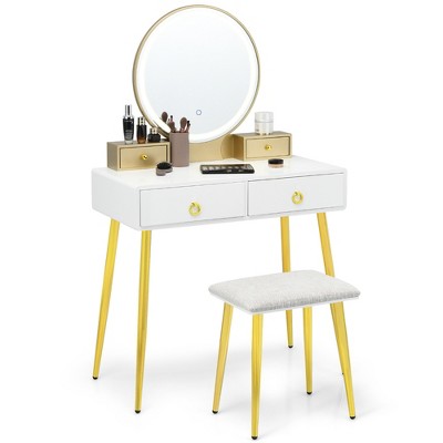 Costway Vanity Makeup Dressing Table Stool Set 3-Color ighted Mirror W/Drawers White\Gray